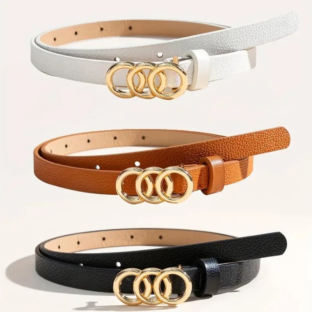 3 BELTS Embossed PU Leather Thin Triple O Ring Black Brown White Stylish Glam